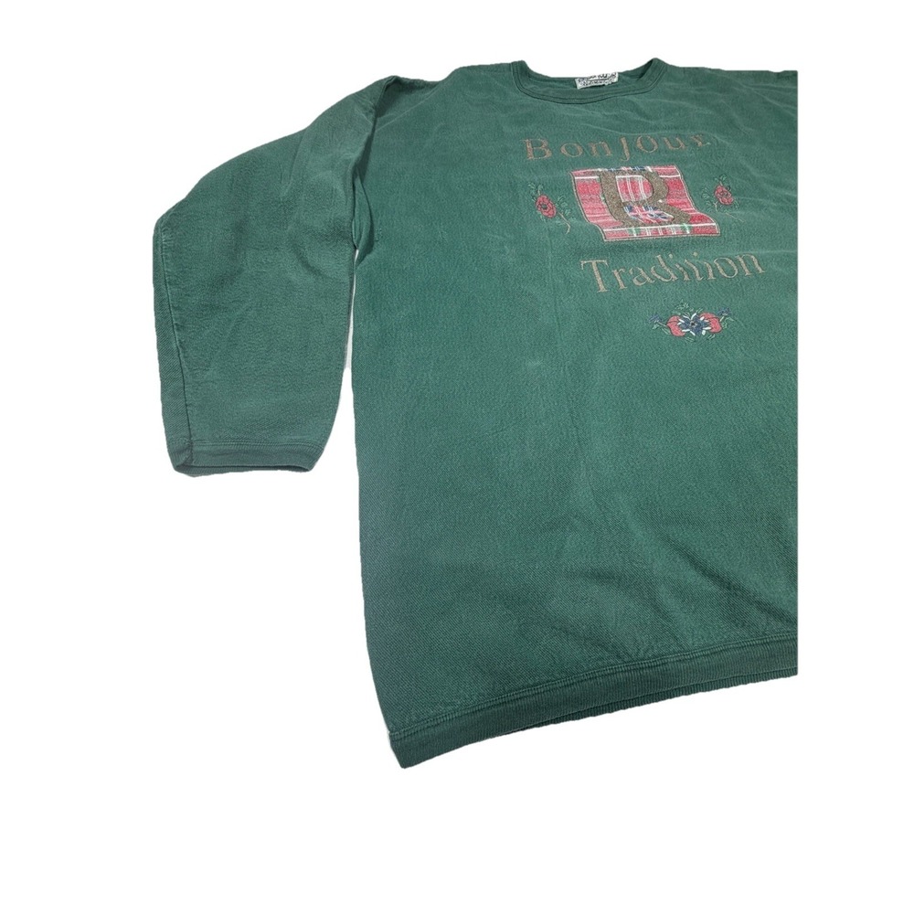 Vintage 90s Bonjour Tradition 22/24 Sweatshirt Plaid Distressed Green No Stretch - Picture 2 of 15